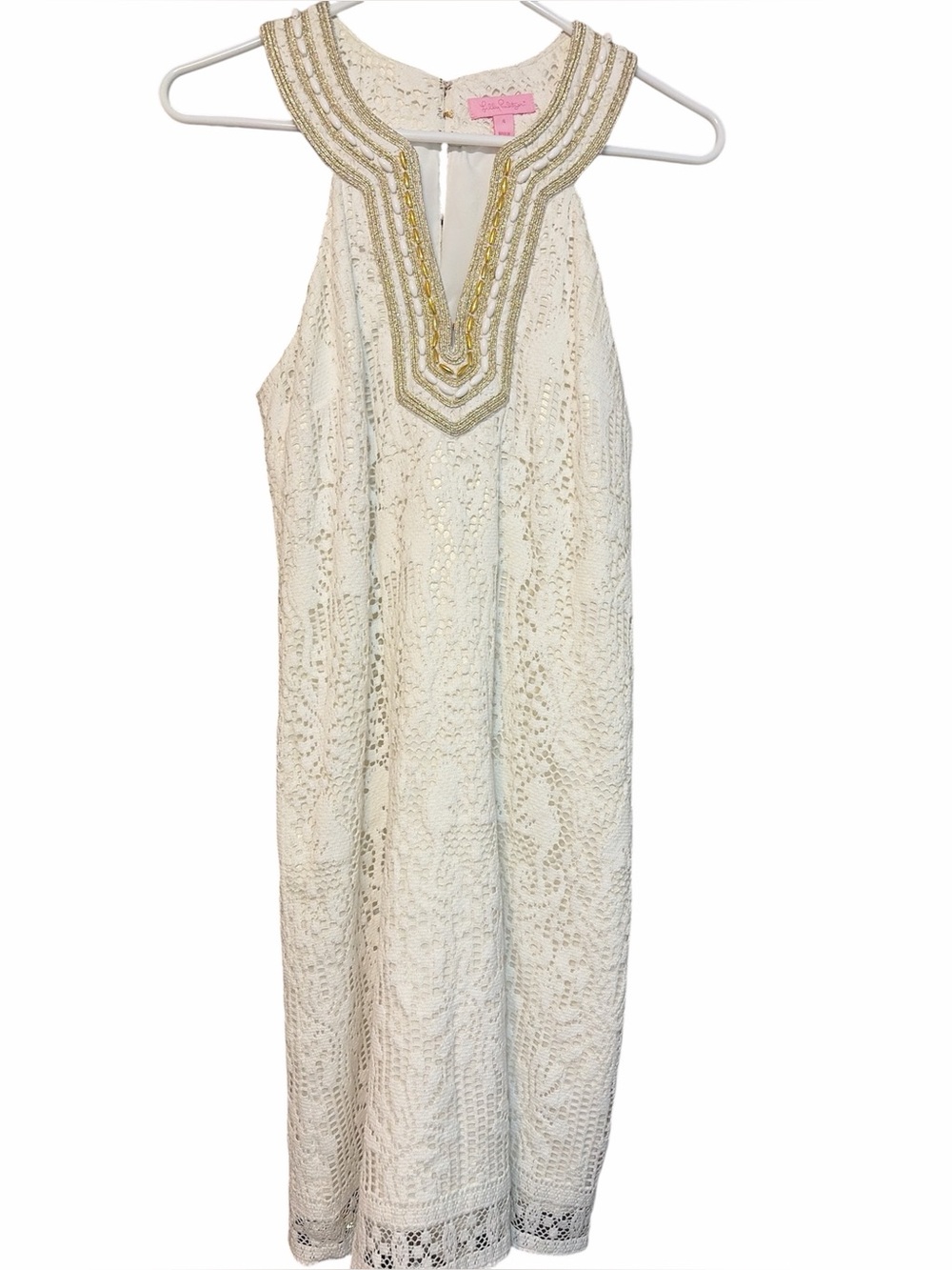 Lilly Pulitzer Calera Jungle White Lace Gold Beaded Shift Dress Size 4 - Picture 3 of 6